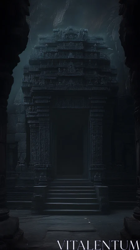 Stone temple entrance in low light within rocky cavern.