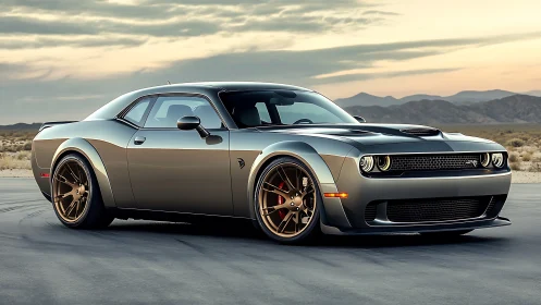Rendered modern muscle car is parked on a desert roadway