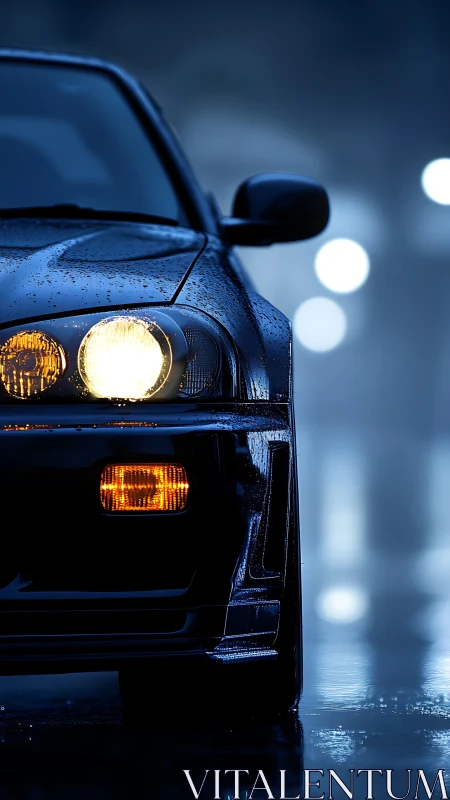 Midnight street racer waiting in the blue city rain.