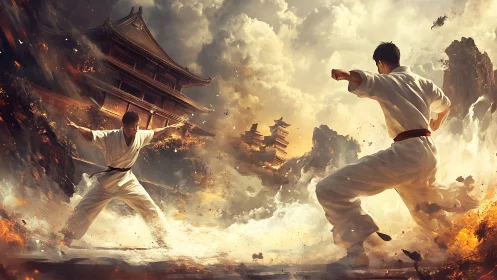Martial artists dueling amid explosive temple mountain storm