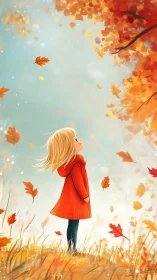 Child in red coat watches glowing autumn leaves swirl.