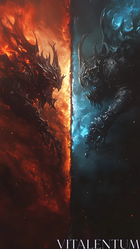 Fire and ice demonic titans locked in vertical standoff.