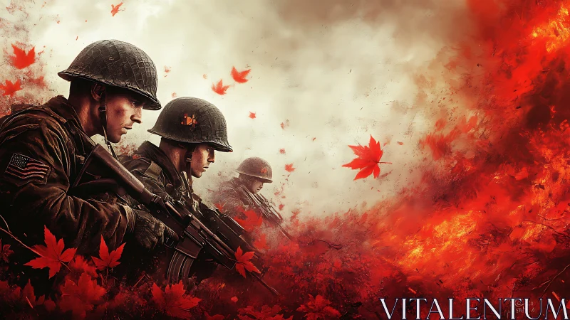 Soldiers in Combat: Fiery Battlefield with Maple Leaves.
