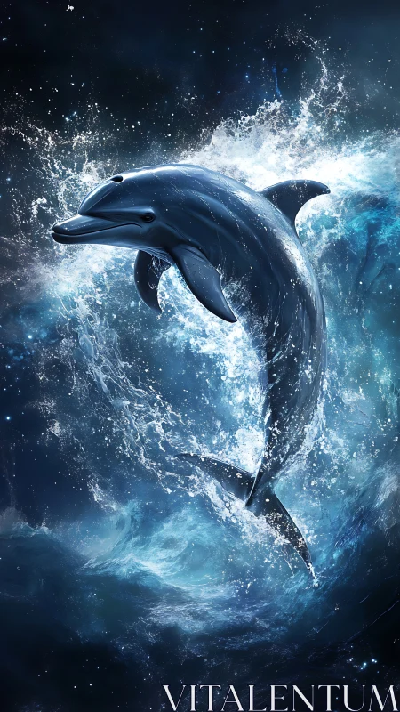 Dolphin rendered in mid-leap amid dynamic ocean spray.