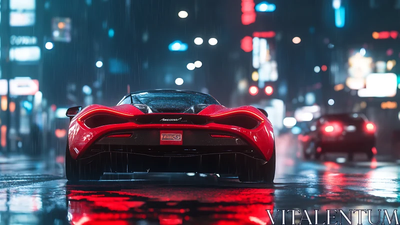 Sleek red supercar glows against rainy neon city streets