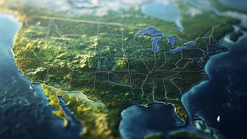 Sunlit miniature America rises from the ocean like carved jade