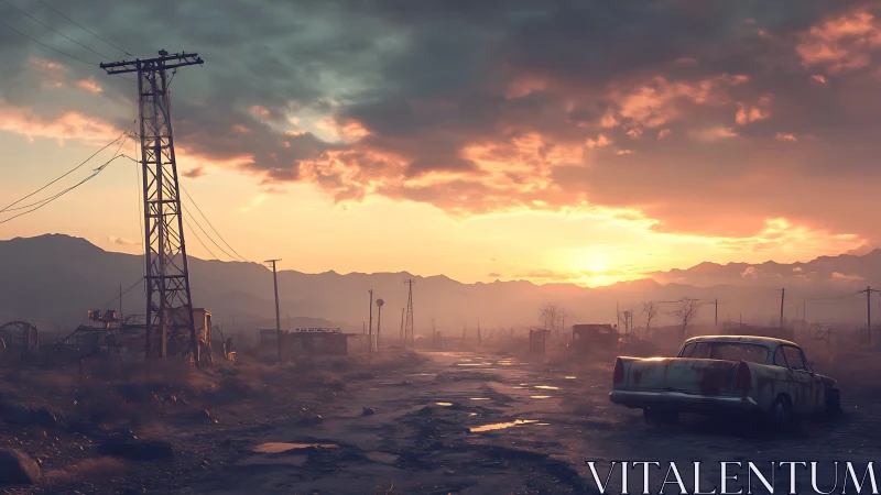 Sunset illuminates a deteriorated rural roadway landscape