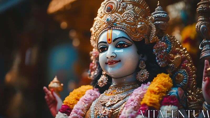 Polychrome Hindu deity statue with ornate garlanded adornments