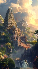 Sunlit mountain temple rises above misty waterfalls.