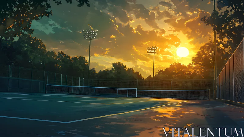 Sunset glows across a quiet tennis court washed in reflections