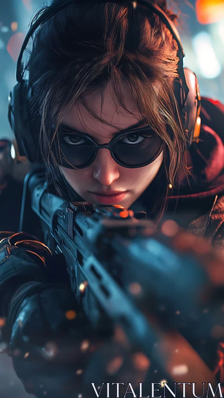 Focused gamer with rifle in neon lit cyber setting.