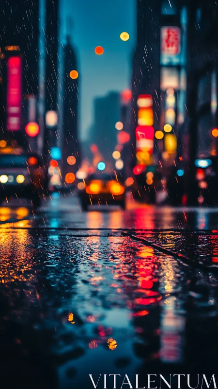 Rainy neon city street with blurred traffic at night.