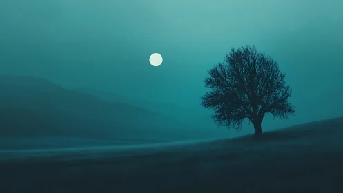 Solitary deciduous tree under full moon on misty hillside.