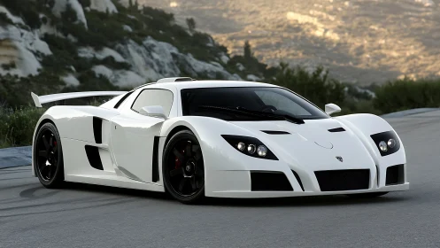White supercar hugs mountain road under soft sunset light