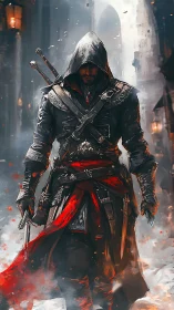 Hooded rogue strides through embers in gothic city fog.