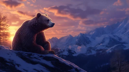 Brown bear on snowy ridge against distant mountain range.