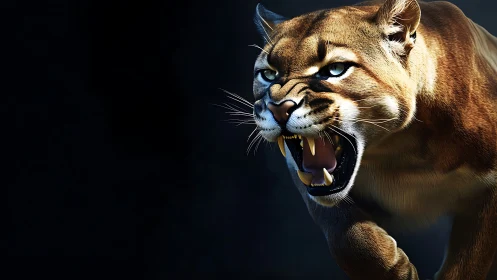 Snarling Mountain Lion Portrait with High-Contrast Lighting