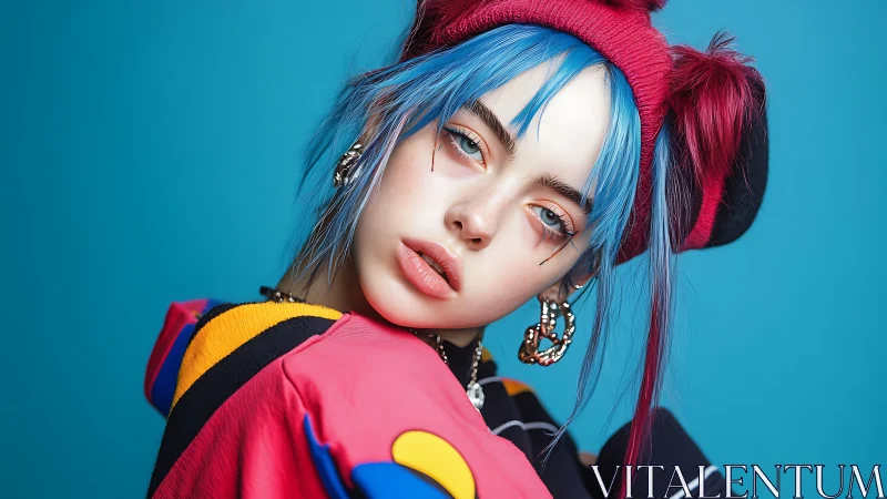 Neon-haired daydream rebel in candy-bright streetwear.