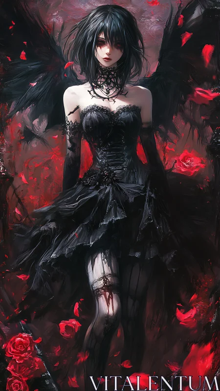 Nocturnal winged gothic maiden amid turbulent crimson petals.