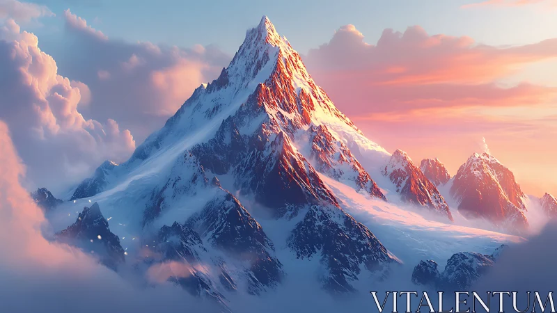 Glaciated alpine massif under volumetric dusk illumination.