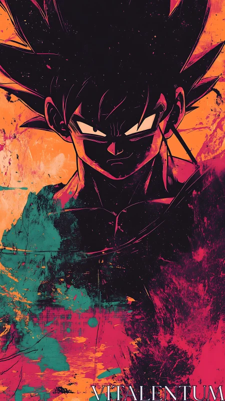 High-contrast anime warrior silhouette over grunge splatter field