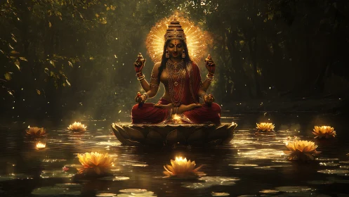 Golden river goddess crowns dusk with lotuslight serenity