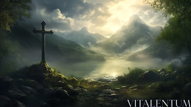Cross stands by misted mountain lake under diffuse sunlight