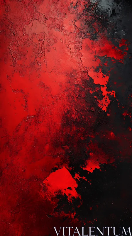 Red and black textured abstract painting with bold contrast.