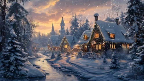 Snow covered village cottages by stream at dusk in winter.