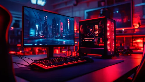 RGB gaming PC workstation glows in neon red studio light.