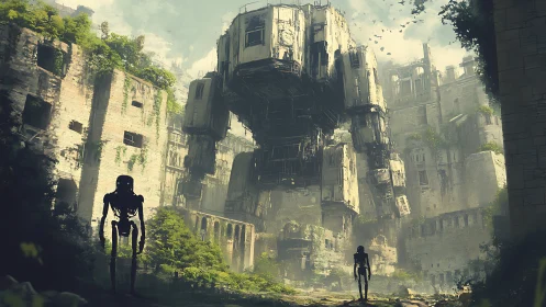 Towering jungle mech watches over crumbling stone ruins