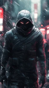 Neon storm crowns the hooded specter of a cyber city