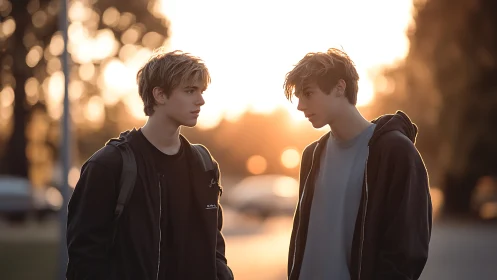 Two teens standing outdoors in warm sunset light period.