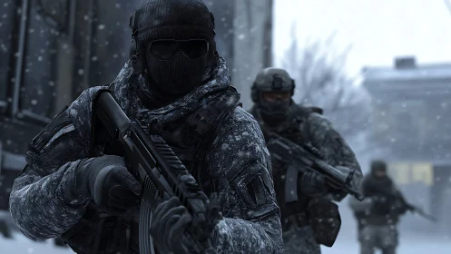 Heavily armed soldiers in winter urban combat environment.
