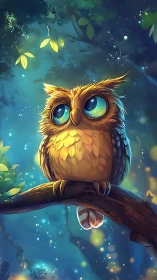 Bioluminescent eyed baby owl perched on branch in twilight forest