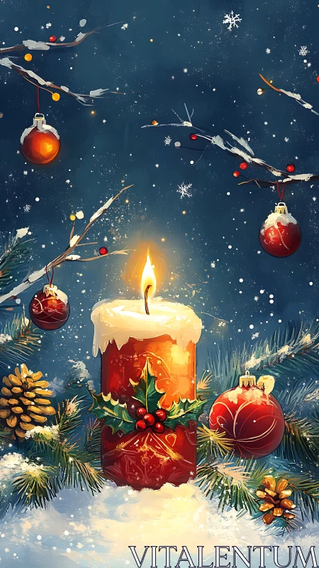 Glowing Christmas candle warms a snowy festive night scene