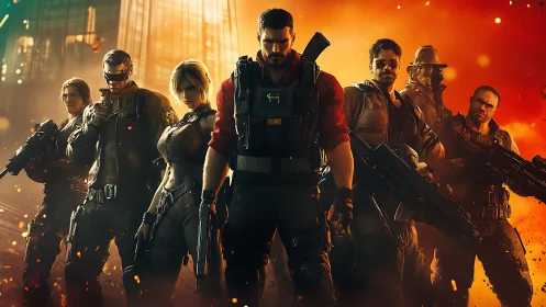 Heavily armed futuristic squad posed in burning cityscape.