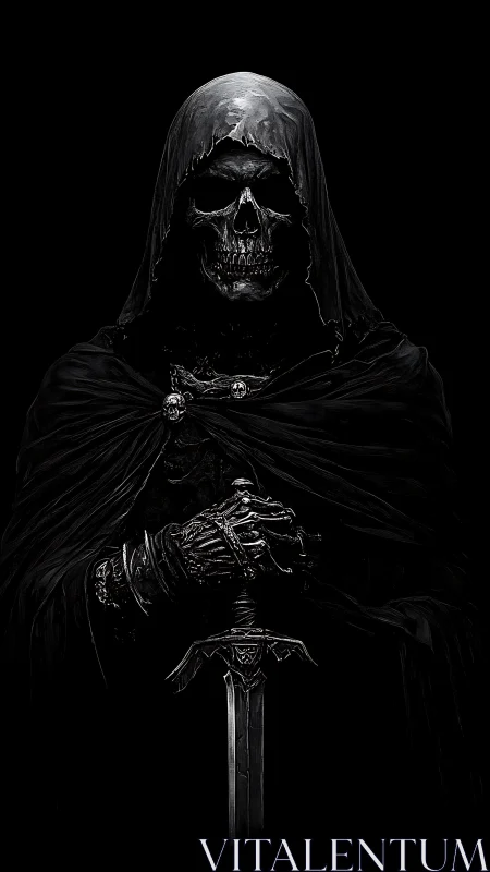 Hooded skeletal warlord grips ornate longsword in stark chiaroscuro