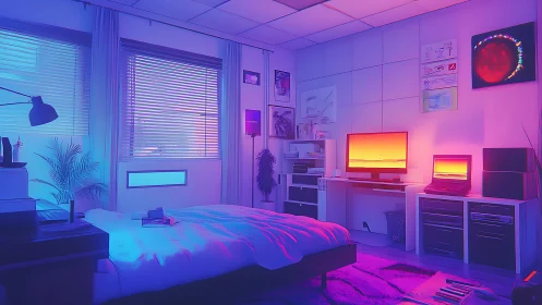 Neon-lit bedroom studio renders cinematic dual-light ambience