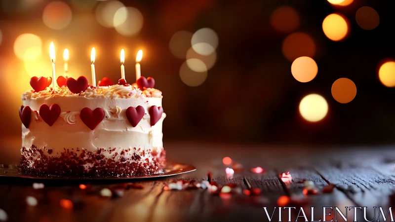 Romantic Birthday Cake with Red Hearts and Lit Candles.
