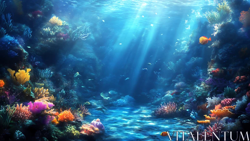 Sunlit coral canyon where quiet fish drift and colors glow.