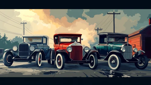 Triptych of vintage coupes under dramatized atmospheric lighting.