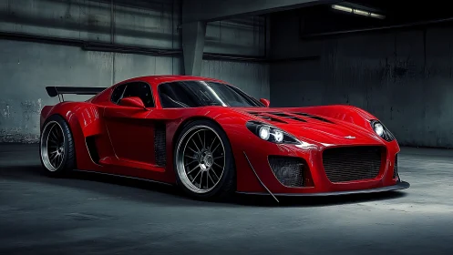 Red supercar rests under moody industrial garage lighting.