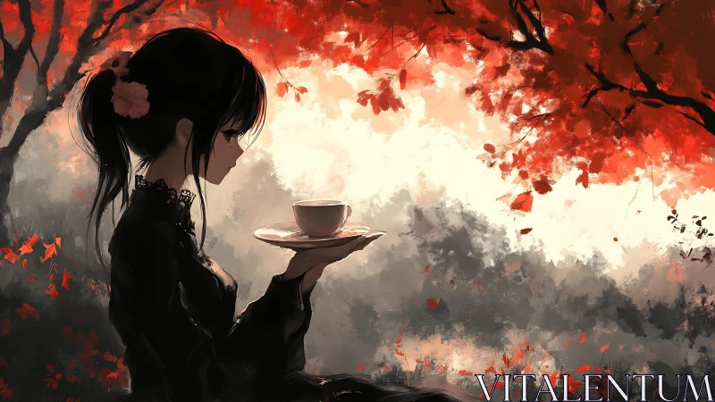 Side-lit girl with teacup under saturated red autumn canopy