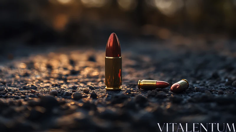 Single upright pistol round rests on rough asphalt ground at dusk