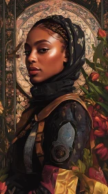 Radiant guardian stands tall amid florals and ornate gold