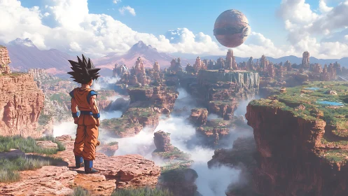 Anime character observing layered canyon world with sphere.