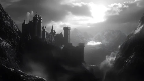 Stormlit fortress dominates misty black mountain valley.