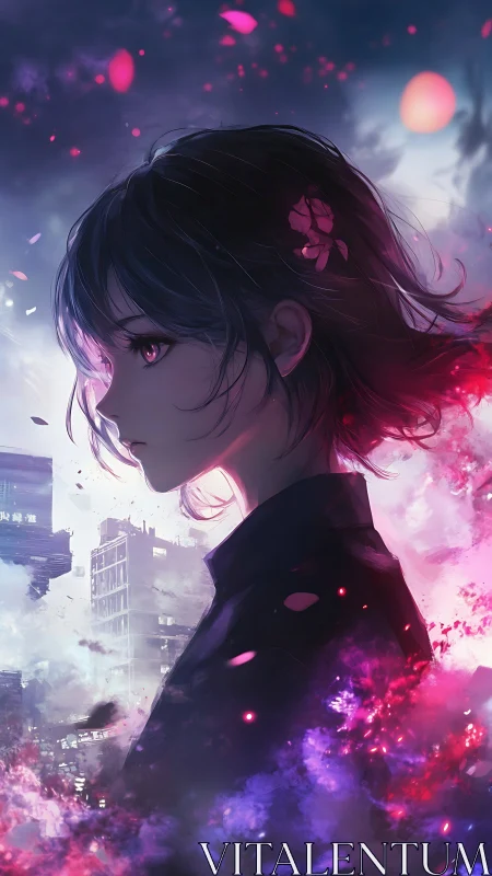 Side-lit anime profile integrates neon bokeh and spectral particle bloom