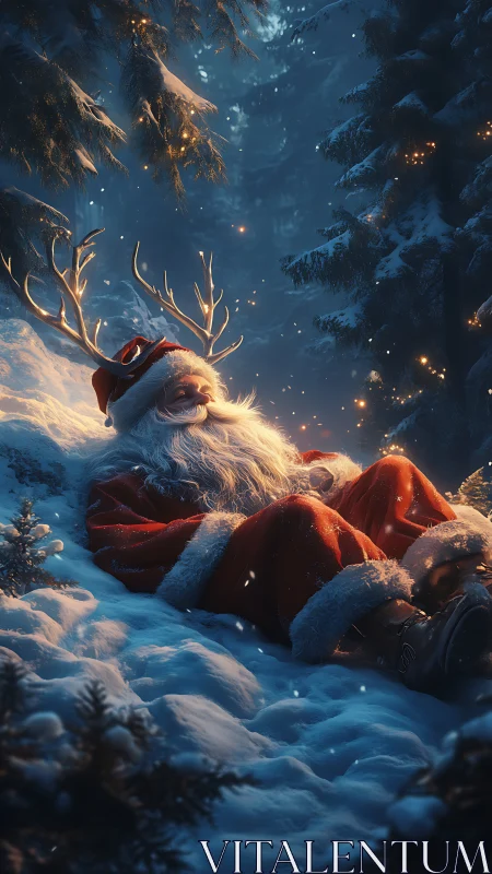 Santa figure rests in snowy forest with glowing antlers